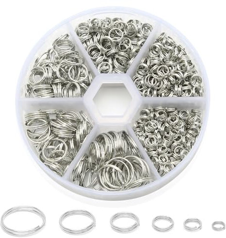 Lot de 690 mini anneaux porte-clés - 4, 5, 6, 8, 10, 12 mm - Petits anneaux avec double ouverture pour la fabrication des bijoux (nickel)