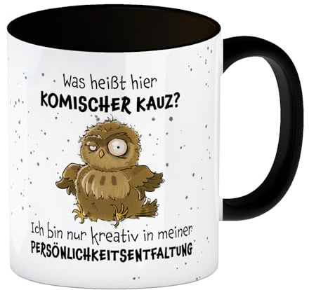 speecheese Kaffeebecher in schwarz Eule mit Spruch Kreativ statt komischer | Kauz Tasse Kauz-Motiv Bürotasse für Kollegen Chefgeschenk Schreibtisch-Deko Unternehmen