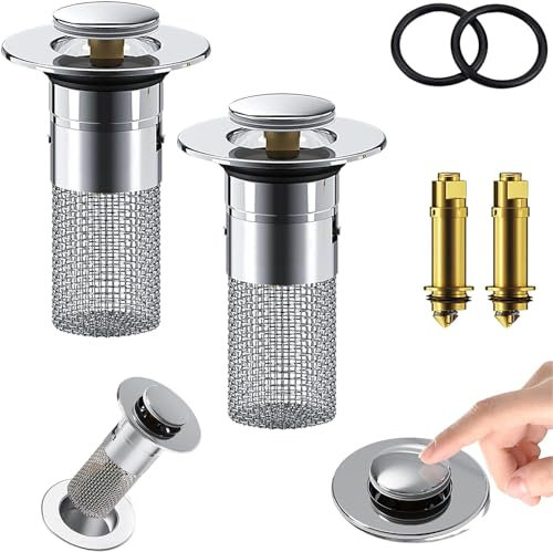 Générique Bonde de lavabo Pop Up Universel, Filtre de vidange en Acier Inoxydable, Bouchon de lavabo Anti-colmatage avec Crépine pour Baignoire, Cuisine, Lavabo (2 pièces -Noyau en Laiton)