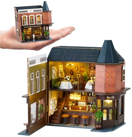 3D-Miniatur-Haus-Set, winzige Haus-Sets zum Bauen, DIY-Holzhandwerk für Erwachsene, Mini-Modellbausätze mit LED und Möbeln, Weihnachten und Geburtstag für Frauen (Eckrestaurant)