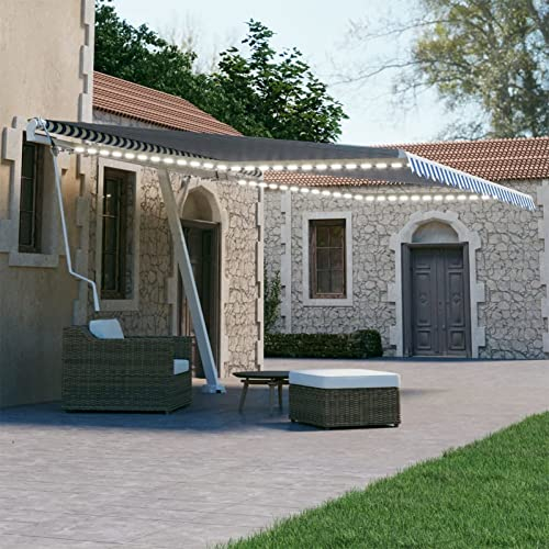 Homgoday Automatische Markise mit LED & Windsensor Gelenkarmmarkise Balkonmarkise Sonnenmarkise Sonnenschutz, mit Handkurbel, Höhen und Winkel Verstellbar, 450x300cm Blau und Weiß