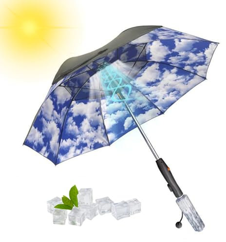 BBEQRVV Umbrella with Fan and Mist Spray, Misting Fan Umbrella with Sun Protection, Usb Rechargeable Mist Spray Umbrella, for Golf, Walking(Light Blue)