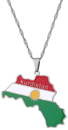 LUTAKU Kurdistan Map and Flag Necklace for Women Men, Kurdistan Necklace Pendant Charm Chain, Stainless Steel Map Jewelry Accessories (silver)