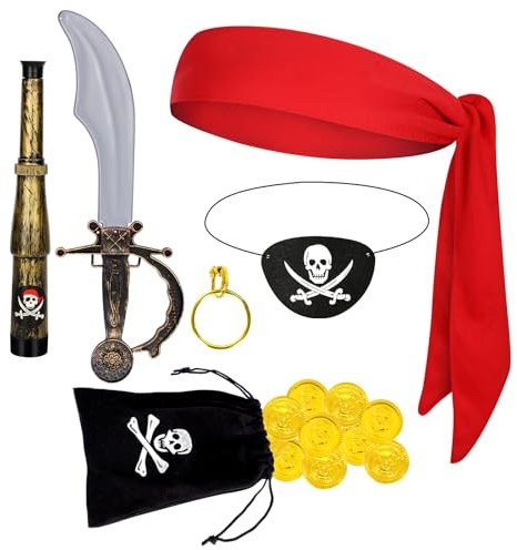 Spinosaurus 7 Stück Piraten Zubehör Sätze for Erwachsene Kinder,Piraten Fernrohr Kinder Augenklappe Pirate Kopftuch Captain Accessories Bandana Verkleidung kostüm