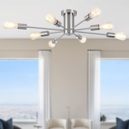 Deckenlampe Silber Wohnzimmer Kronleuchter Modern, 8 Flammig Industrial Sputnik Ceiling Light Deckenleuchte Schlafzimmer, E27 Fassung Vintage Deckenlampe Wohnzimmerlampe Lampe für Esszimmer Küche Flur