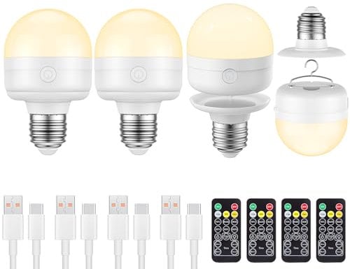 LGMCF Bombilla recargable, E27 regulable, bombilla LED con gancho oculto y mando a distancia, 10 W, 3 colores, con funk tion para camping, luz de emergencia con magnético, 4 unidades