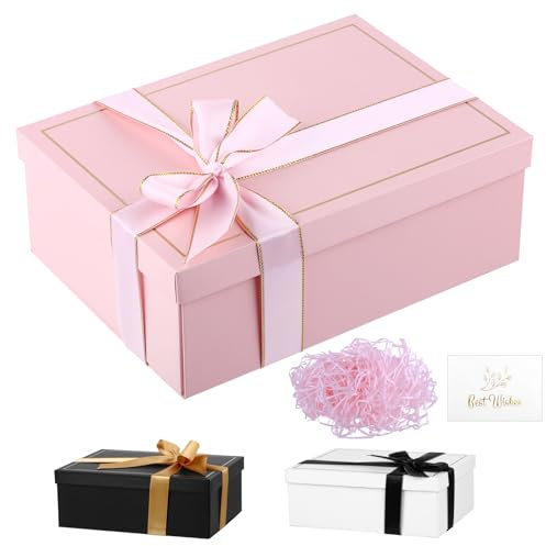 Scatola regalo con coperchio, 24,5 x 17,5 x 8,5 cm, rosa, scatola regalo grande con nastro, biglietti di auguri, regalo di compleanno, matrimonio, San Valentino, Natale