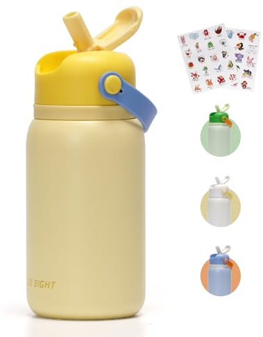 pluseight Edelstahl Trinkflasche, 450 ml Kinder Wasserflasche mit Aufklebern, 18/8 Edelstahl Leck Beweis Kinder Tassen mit Stroh für Schulreise Jungen Mädchen ﻿ (Gelb)