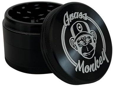 Grass Monkey® Aluminium Grinder – 4-teilig, Ø 5,5 cm – Robuste Kräutermühle mit scharfen Zähnen & Pollensieb – Inklusive Schaufel - Black