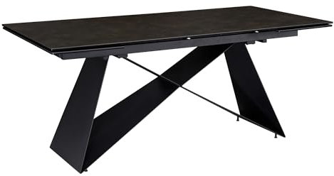 Wohnling Mesa de comedor extensible de 180 a 260 cm, cerámica y cristal negro, mesa de cerámica grande, mesa de cocina rectangular de diseño, mesa de comedor extravagante con patas de metal