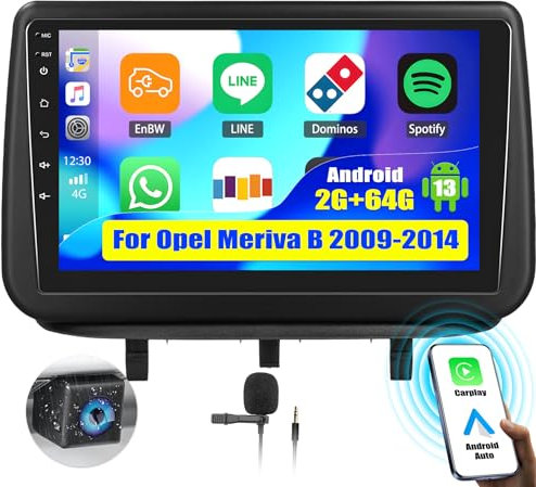OiLiehu 2G+64G Android 13 Autoradio 2din Carplay Android Auto für Opel Meriva B 2009-2014 Autoradio Mit Bildschirm 9 Zoll Autoradio mit Mirror Link/EQ/Bluetooth/SWC/FM RDS/WiFi/GPS/Rückfahrkamera