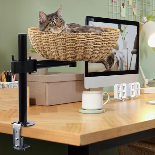 Katzenbett für Schreibtisch - 360°Drehung, verstellbare Höhe Kein Bohren Erhöhtes Katzenhaus über Schreibtisch Hält Kätzchen Katze nah und Arbeitsbereich Klarer Tisch-Katzenbett mit Haustier-Kissen