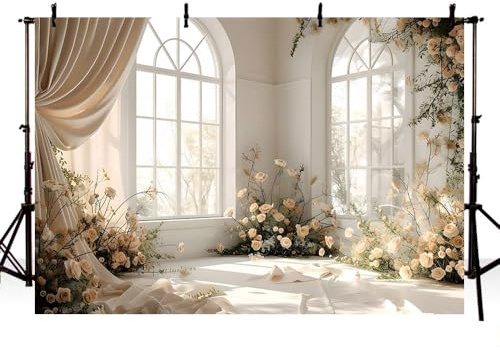 AIBIIN Boho-Fotohintergrund, 2,1 x 1,5 m, Weiß, Raumfenster, floraler Hintergrund für Frauen und Mädchen, Geburtstag, Party, Hochzeit, Zeremonie, Jahrestag, Fotozubehör