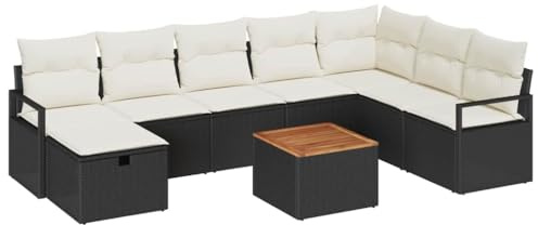 vidaXL Garten-Sofa-Set mit Kissen 9 pcs Schwarz Poly Rattan, Garten und Terrasse, modernes Outdoor-Sitzset, verstellbare Füße, wetterfeste Loungemöbel, Poly Rattan