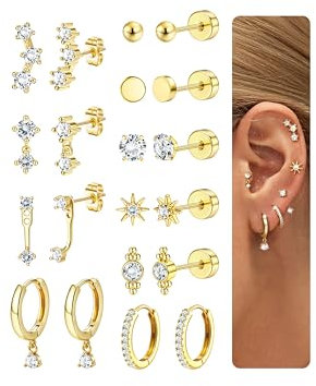 Chriscoco 10 Pares Pendientes Acero Inoxidable Mujer - 14K Oro Pendientes Hipoalergenicos Aros piercing Oreja Acero Quirurgico Brincos Aço Inoxidável Aretes Dorados Piercings Tragus Multi Piercing