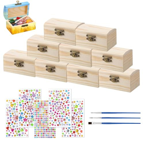 Holzkiste Klein, 10 Stück Schatztruhe aus Holz, 9 x 5,5 x 5cm Holz Schmuckkästchen, DIY Holzkiste Aufbewahrungsbox, mit 5 Diamant Aufklebern und 3 Pinsel, für Malerei, Dekoration und Aufbewahrung