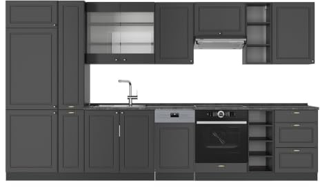 Vicco Küchenzeile Fame-Line, Anthrazit-Gold Landhaus, 355 cm | 12 Module · Höhenverstellbare Füße · AP Anthrazit inkl. · MDF-Fronten · Softclose · Metallgriffe