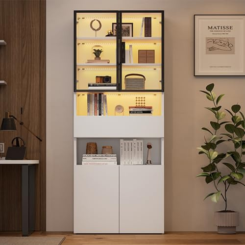 PUGSDRLY Vitrine Blanche 70 x 30 x 200 cm avec tiroirs, Buffet vitré avec Portes en Verre et éclairage LED, Armoire Haute avec étagères ouvertest