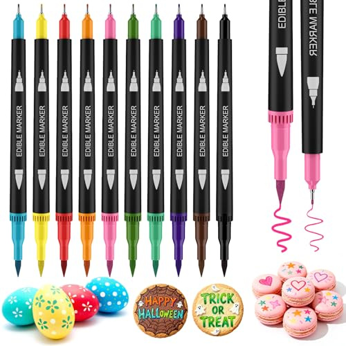 Stylo Colorant Alimentaire, 10 Marqueurs Comestibles avec Pointe de Pinceau Souple pour Traits Épais et Fins, Feutre Alimentaire, Feutre Alimentaire pour Décoration œufs de Pâques,Gâteaux,Biscuits