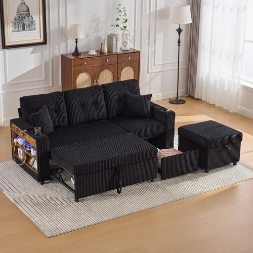 Sapgaks Canapé d'angle convertible en L avec port USB-C,LED,porte-gobelets et repose-pieds amovible,tiroir,accoudoirs,canapé 3 places avec rangement et lit gigogne,canapé lit en velours côtelé(G-Noir)