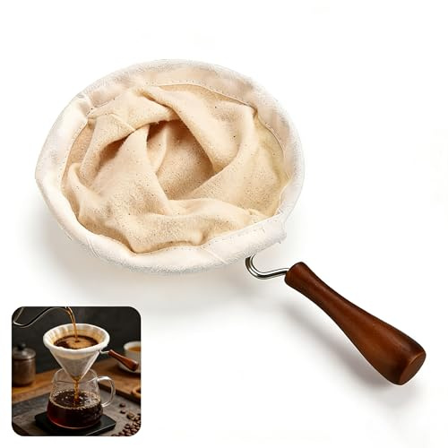 Handmade Reusable Coffee Filter Flannel Cloth Bag with Wooden Handle Large Washable Coffee Sock Strainer for Ground Coffee Permanent Cotton Filter for Pour Over Coffee Tea Brewing