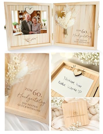 Joli Coon Diamantene Hochzeit Geschenk, Holzbox zum 60. Hochzeitstag | Echte Trockenblumen, 14 x 14 x 3 cm, Karte für persönliche Zeilen, Magnet für Foto oder Karte, als Erinnerungsbox aufstellbar