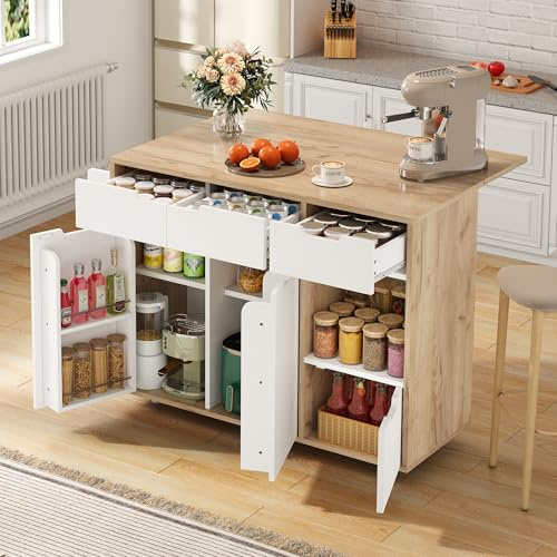 FammyLoft Kücheninsel mit Klappbarer Arbeitsplatte, Mobile Kuechenschrank mit 360°-Lenkrollen, Küchenkommode mit Holzmaserung, Küchen Sideboard, Küchenwagen, für Küche/Esszimmer, 120cm, Weiß