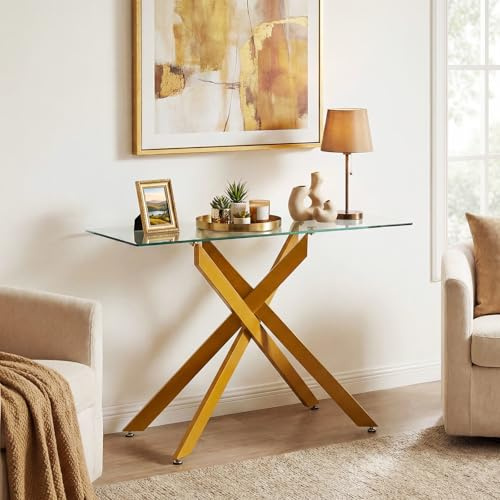 COSTWAY Console Meuble Verre Axis, Console Entree Transparent, Pieds Tubulaires en Métal Chromé, Design Moderne, pour Salon, Couloir (Doré)