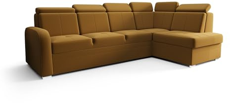 O-Sofa Ecksofa Kongo RBN11, Eckcouch in L-Form mit Schlaffunktion, Farbe: Gelb, Velourstoff, Ottomane Rechts