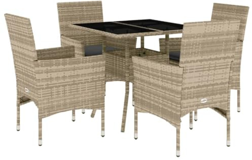 PUGYNBK 5-TLG. Garten-Essgruppe Hellgrau PE Rattan Sitzgruppe mit Kissen und Glastisch, Poly Rattan Essgruppe für Terrasse und Garten