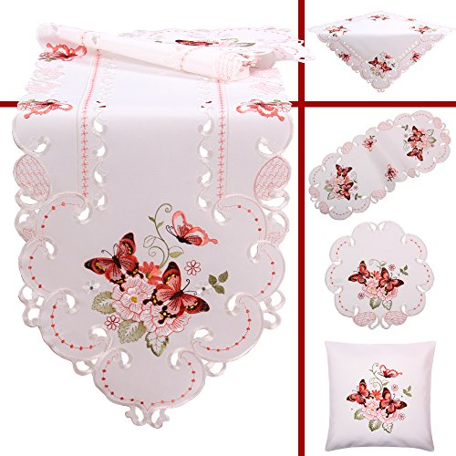Quinnyshop Rosa Schmetterlinge Stickerei Frühling Tischdecke Deckchen ca. 30 cm Rund Polyester, Weiß