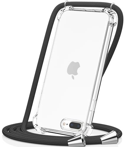 CAROKI Crossbody Case for iPhone7 Plus,for iPhone 8 Plus,Necklace Mobile Phone Cover with Cord Strap,Clear Transparent TPU Soft iPhone7 Plus/8 Plus Cover Holder with Neck Cord Lanyard Strap-Black