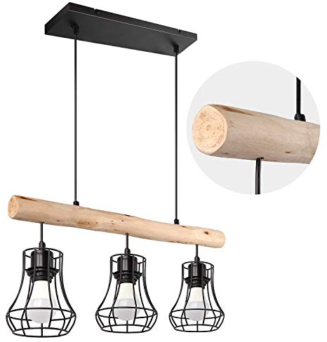 Vintage Pendelleuchte,3-flammig Pendellampe aus Metall und Holz,Industrielle Rustikale Hängelampe,Sockel: E27,3 x E27 max. 40 Watt,für Wohnzimmer,Esszimmer Küche,Schlafzimmer