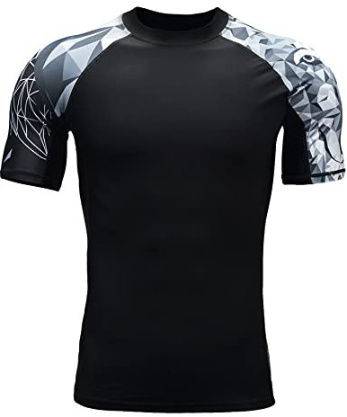 HUGE SPORTS Mens Rash Vest- Wildling Series Rash Guard Short Sleeve Quick Drying Wetsuit Swimming Tops for Surfing BJJ Jiu Jitsu(Wolf,2XL)