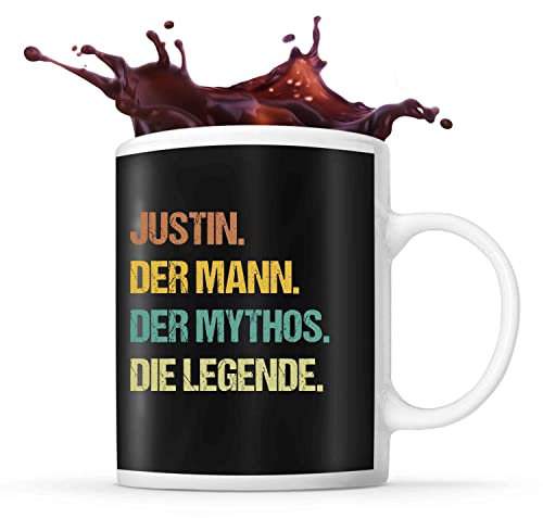 Tasse Justin | Justin der Mythos die Legende | Tasse mit Spruch lustig Fun Tasse Geschenkideen fürs Büro zum Geburtstag Jubiläum Kaffeetasse Bürotasse