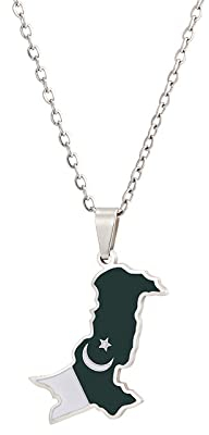 YUANYIRAN Pakistan Karte Form Anhänger Halskette – Ethnischer Stil Vintage Tropf Männer Und Frauen Paar Schlüsselbeinkette Patriotische Flagge Hip Hop Charm Schmuck Für Unisex Geschenk,Silber,50C