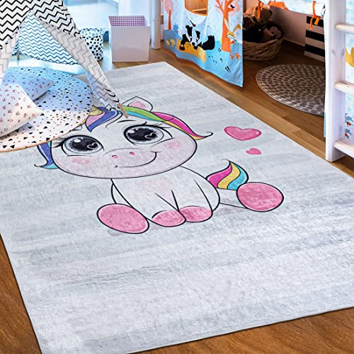 Mazovia Kinderzimmerteppich Antirutsch - Waschbar bis 30 Grad - Tiere - Kurzflor Kinderteppich Teppich für Kinderzimmer - ÖKO-TEX - Teppiche Junge Mädchen Rosa Pink Grau 140 x 200 cm