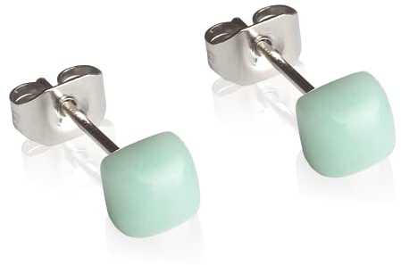 Winzige Ohrstecker mit Stein in türkis • Quadratische Ohrringe für 1, 2 & 3 Ohrloch • Nachhaltiger Schmuck aus recyceltem Glas & Edelstahl • 4mm