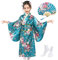 Kimono Japonais pour Filles - Robe Yukata Satin Enfants - Robe de Soirée Anime avec Ventilateur Pliant et Chaussettes Tabi, Turquoise, 140