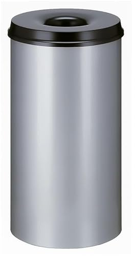 PROREGAL Selbstlöschender Papierkorb & Abfallsammler aus Metall | 50 Liter, HxØ 63x33,5cm | Alu-Grau, Kopfteil Schwarz