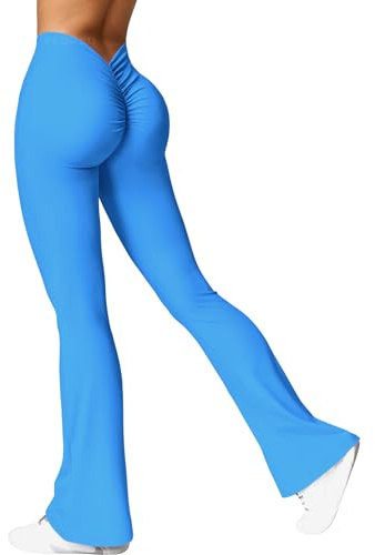 YEOREO Damen Flared Leggings V-Ausschnitt Taille Scrunch Workout Leggings High Waisted Butt Lifting Nahtlose Gym Yoga Schlaghose Blau S
