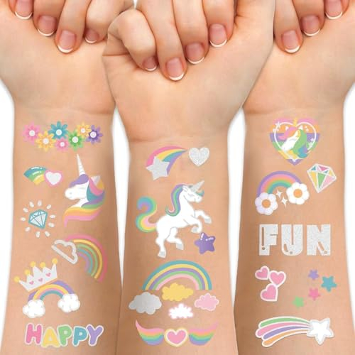 ROMANVIC Licorne Tatouage Enfant Fille, 118+ Styles Brillent Dans Le Noir Tatouage Ephemere Enfant, Pinata Anniversaire Petit Cadeau Jouet Fille Licorne Deguisement Fille