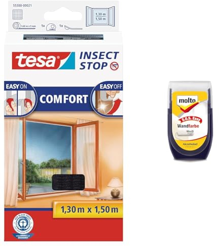 tesa Insect Stop Comfort Fliegengitter für Fenster & Molto S.O.S easy Wandfarbe 30ml, weiss