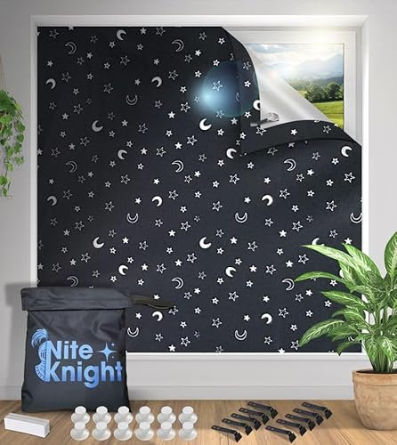 Nite Knight travel Portable Blackout Blind with patent pending clips to secure blind around window frames, suction cups complete 100% blackout black fabric and silver backing