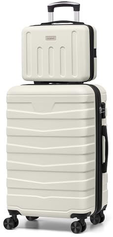 ChaCool Kofferset Trolley Reisekoffer Check-In Gepäck, Hartschalen-Koffer mit TSA-Schloss und 4 Rollen ardschale Boardcase Handgepäck mit 8cm Volumenerweiterung (M+Kosmetikkoffer, Weiß)