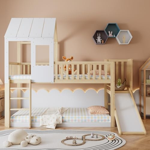 KOMHTOM Lit Superposé en Bois avec échelle et Toboggan, Lit Enfant 90x200cm avec Sommier à Lattes et Fenêtres de Toit, Cadre de lit Moderne pour Ados (sans Matelas) (Blanc-C)
