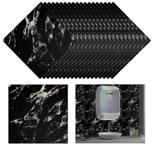 OLYCRAFT 20pcs marbre Peel and Stick panneaux muraux imperméables 30x30cm panneaux muraux en PVC noir cuisine carrelage en marbre auto-adhésif murs pour la maison salle de bains cuisine salon