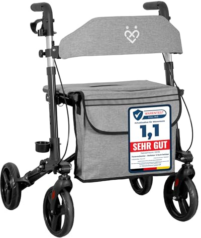 ForeverSenior Aluminium Rollator 7,2kg faltbar & leicht mit Sitz, grau | Faltbarer Rollator für Outdoor & Wohnung, Aluminium-Rahmen, bis 136kg belastbar, EVA-Reifen, Rückenlehne, Tasche, Stockhalter