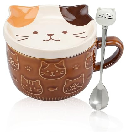 Cute Mug with Lid and Spoon, Kawaii Cat Mug, Creative Tea Cup Saucer Set | Ceramic Coffee Mug, Cute Animal Cup, Pretty Mug, Novelty Cat Breakfast Mugs for Women Friend Wife, Funny Cute Mug Gifts
