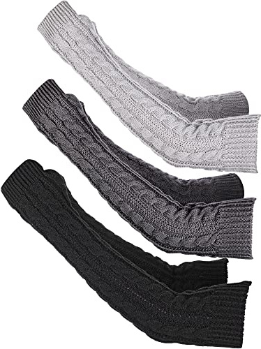 Bememo 3 Pairs Arm Warmers Long Fingerless Gloves Knit Wrist Warmers with Thumb Hole Open Finger Arm Socks for Women Adult(Black, Light Gray, Dark Grey)